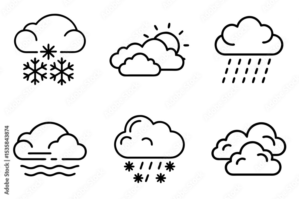 Weather icons depicting different conditions in minimalist style Weather icons depicting different conditions in minimalist style