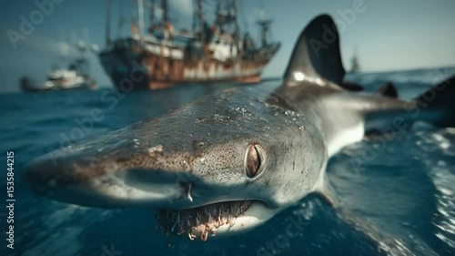Encountering a shark in a ship infested ocean captures nature's raw power and beauty