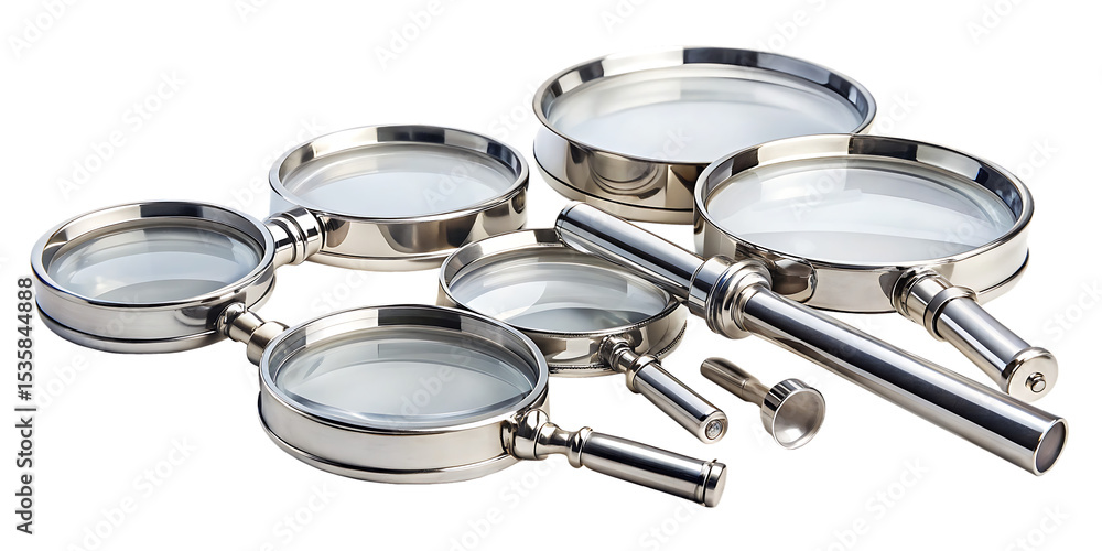 Fototapeta premium a set of chrome magnifying glasses or loupes long isolated on white background PNG,AI GENERATED