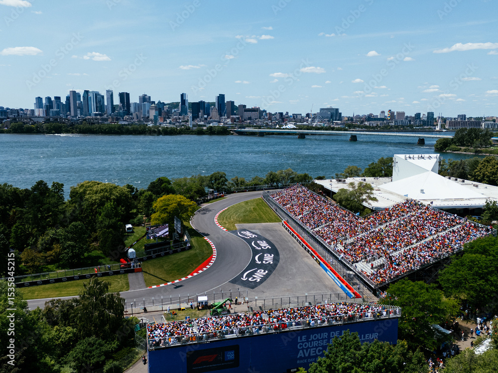 Fototapeta premium 14th of June 2025. Helicopter flight view of the Formula 1 Circuit Gilles Villeneuve in Montreal. Quebec, Canada