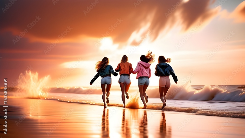 Fototapeta premium Four friends joyfully running along a reflective beach at sunset, bathed in warm light