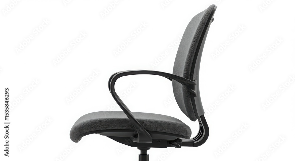A simple gray office chair with a mesh back and armrests. The chair is designed for ergonomic comfort and is suitable for home or office use. A simple gray office chair with a mesh back and armrests. The chair is designed for ergonomic comfort and is suitable for home or office use.