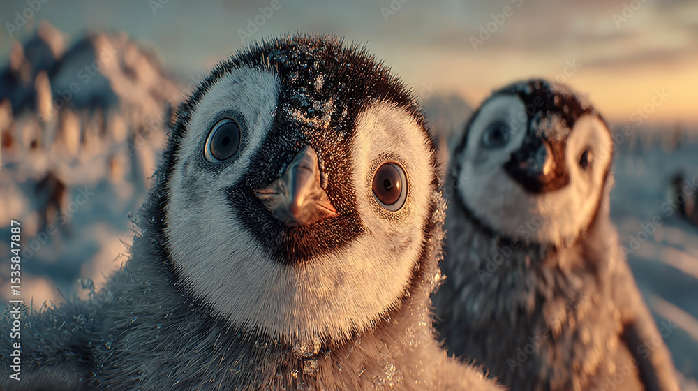 Obraz premium Two playful penguin chicks smiling in snowy landscape during sunset 