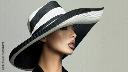 Wallpaper Mural Elegant Portrait with Fashionable Hat: A woman confidently showcases a striking, striped hat, highlighting style and sophistication against a clean backdrop. Torontodigital.ca