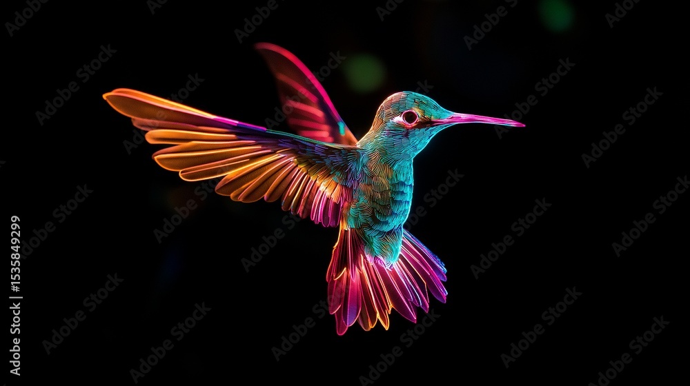 Obraz premium neon flying hummingbird, abstract bird, vector