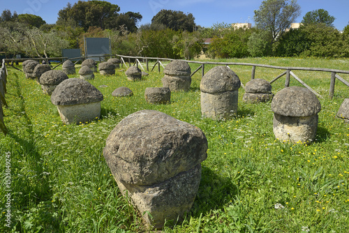 Some Etruscan sepulchral stones in Tarquinia (Italy), necropolis of Monterozzi is a UNESCO world heritage site