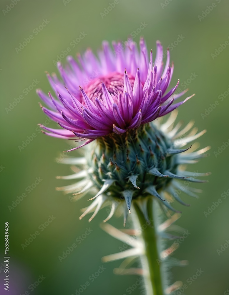 Obraz premium Close-up photo of vibrant purple thistle flower. Spiky thorny plant, detailed macro shot showing intricate floral structure, natural beauty on green blurred background. Medicinal plant used in