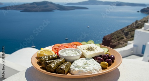 Greek Meze Plate with White Buildings and Blue Sea