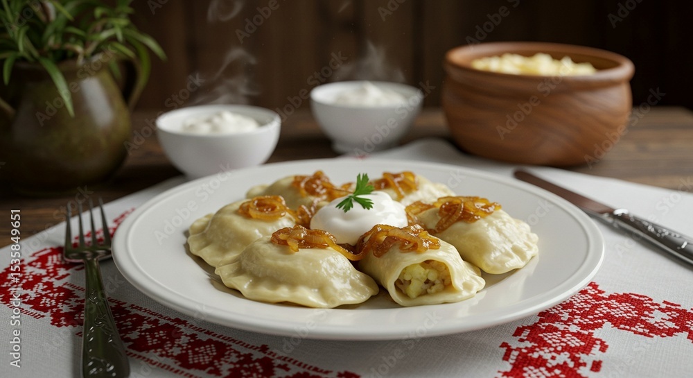 Hot Dumplings with Toppings on White Plate with Ethnic Cloth and Wooden Background Hot Dumplings with Toppings on White Plate with Ethnic Cloth and Wooden Background