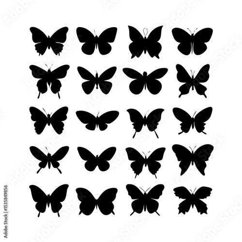 Silhouettes of butterflies, Insect butterfly black silhouettes, Set of tattoo and sticker type vector butterflies