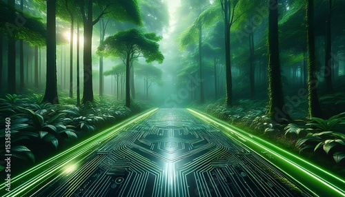 digital circuit pathway forest technology green futuristic nature misty glowing innovation tranquil