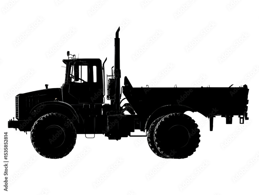 Naklejka premium Silhouette of a heavy-duty truck against a bright background, showcasing its rugged features and imposing presence.