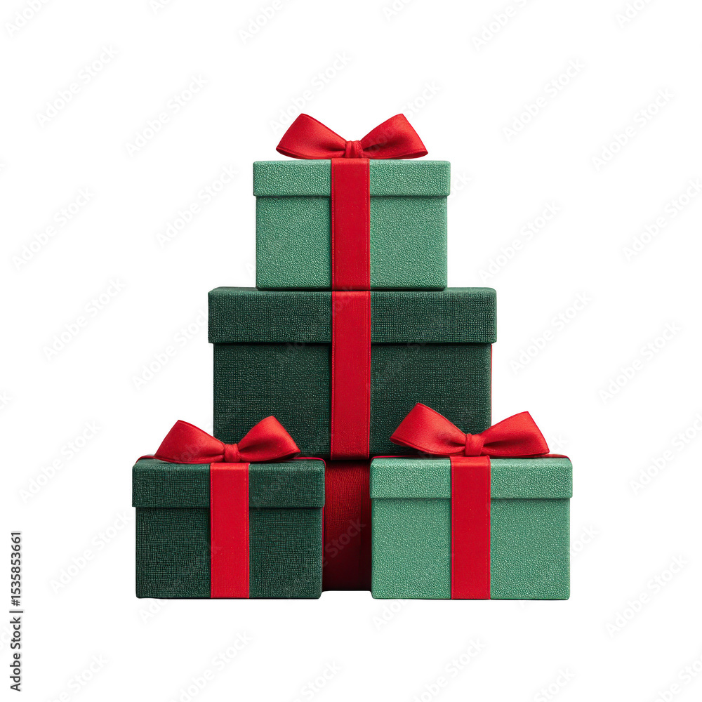Obraz premium Three green gift boxes with red ribbons are stacked, creating festive and elegant display. boxes vary in size, adding sense of balance and charm, perfect for holiday celebrations