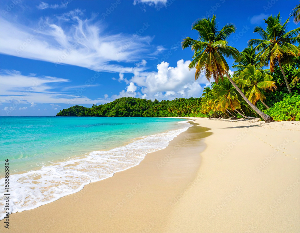 Obraz premium Beautiful beach with palms and turquoise sea in Jamaica island.