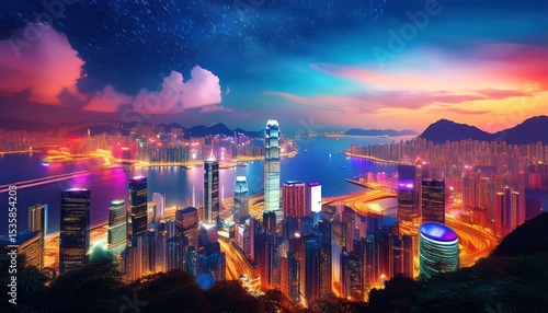 the view of hong kong s skyline at night including the sea and skyscrapers the city lights create an enchanting atmosphere with colorful hues in the sky generative ai