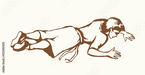 An exhausted person lies on the ground. Vector drawing