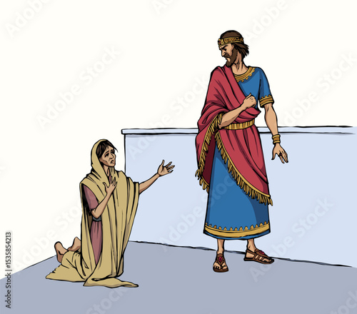 A starving woman asks for help. Vector drawing