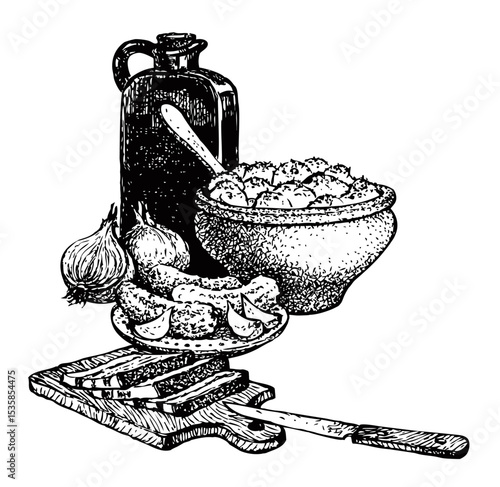 Vector still life. Traditional Slavic food: potatoes in a clay pot