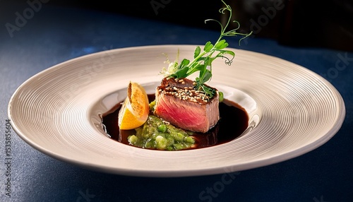 elegant tuna entree with balsamic glaze soft lighting