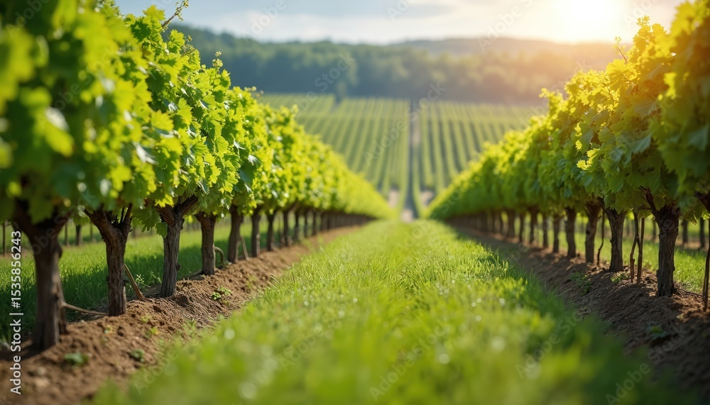 Naklejka premium Rows of vibrant grapevines flourish in lush vineyard during sunny spring season. Green foliage with rows of trunks. Agricultural scenery represents organic farming viticulture growth.