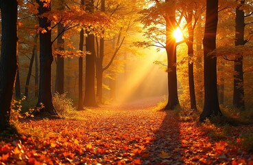 Sunlight bathes forest, vibrant fall colors. Golden autumn leaves blanket forest floor creating scenic view. Pathway leads, creating inviting mood. Forest trees, scenic background, October.