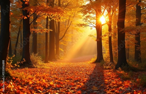 Fototapeta Naklejka Na Ścianę i Meble -  Sunlight bathes forest, vibrant fall colors. Golden autumn leaves blanket forest floor creating scenic view. Pathway leads, creating inviting mood. Forest trees, scenic background, October.