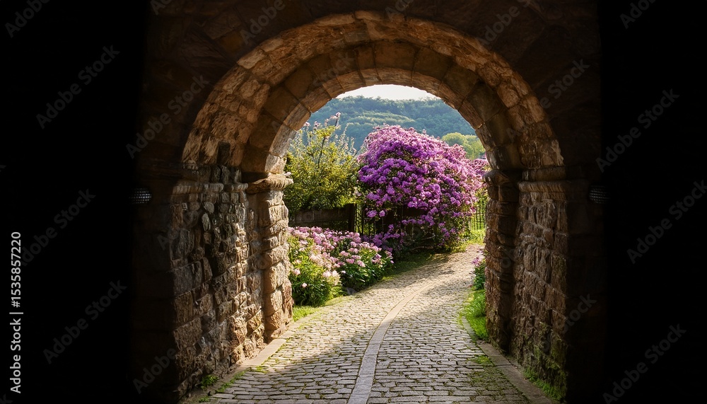 Obraz premium stone archway entrance with blooming flowers and st