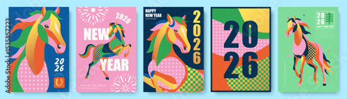 Set of modern vertical New Year card designs for 2026, featuring a vibrant stylized horse with geometric patterns, celebrating the Year of the Horse, for festive greetings, vector illustration.