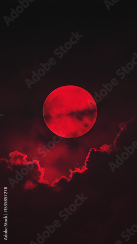 A red moon glows brightly in the night sky, casting an eerie light over the landscape below. Generative AI