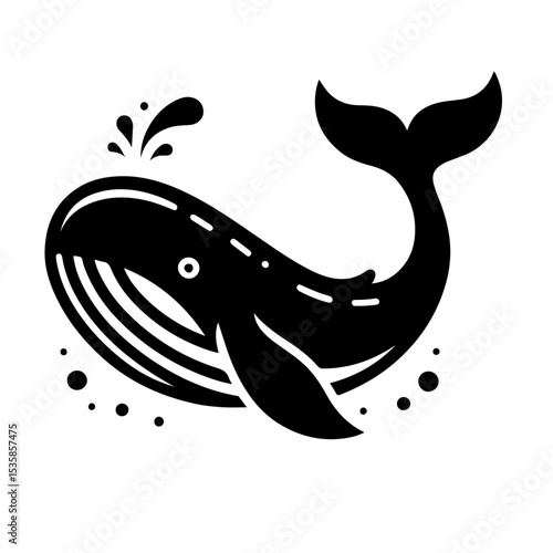 Whale Silhouette Icon – Black Vector Baleen Whale Spouting Water with Raised Fluke on White Background