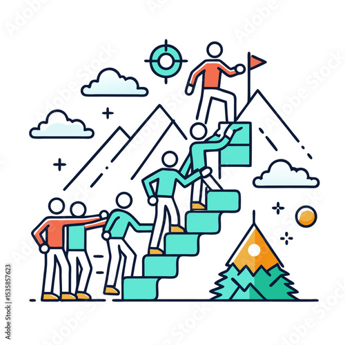 Mountain path with multiple leaders helping others climb (mentorship in leadership)