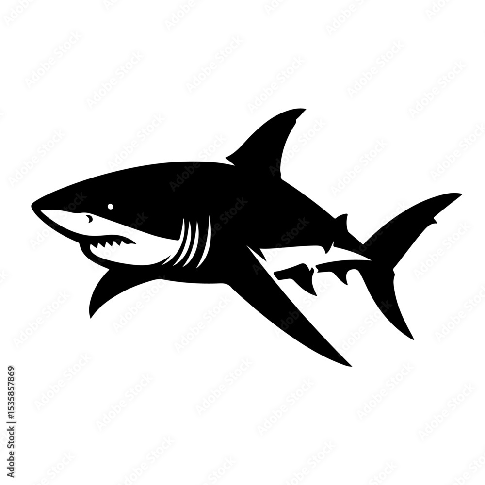 Fototapeta premium Shark Silhouette Icon – Black Vector Marine Predator with Streamlined Body and Dorsal Fin on White Background