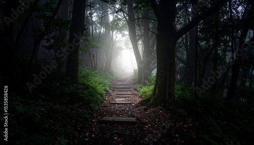 Fototapeta Naklejka Na Ścianę i Meble -  Misty forest path leading to light