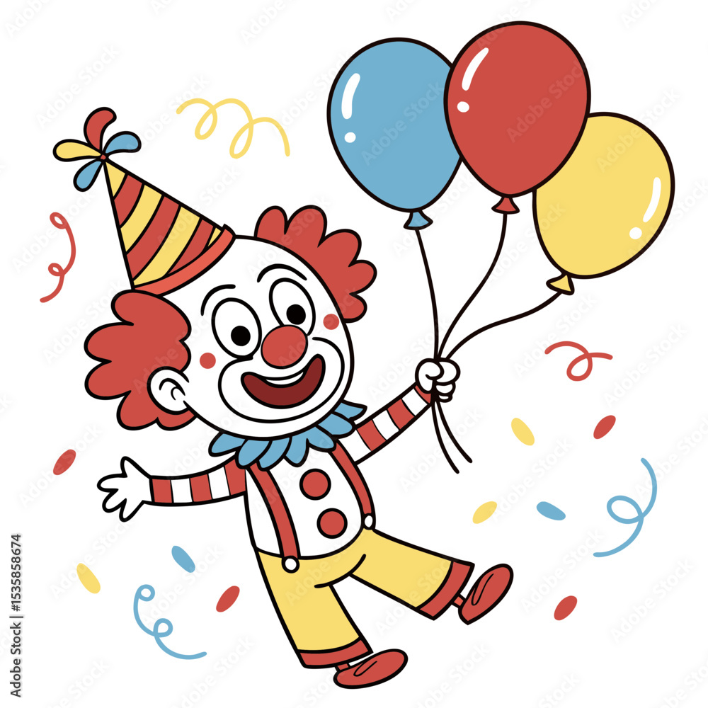 Cheerful Clown with Balloons and Confetti Illustration Cheerful Clown with Balloons and Confetti Illustration