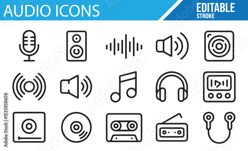 Minimalist Audio Equipment and Music Icons in Editable Stroke


