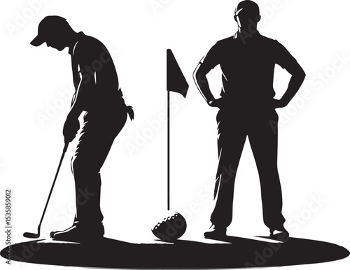 Golf Putting Silhouettes of Golfer and Caddie on the Green