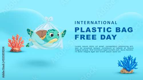 Illustration of a sad sea turtle trapped inside a plastic bag underwater. Concept art to raise awareness for International Plastic Bag Free Day on July 3. Save ocean life from plastic pollution.
