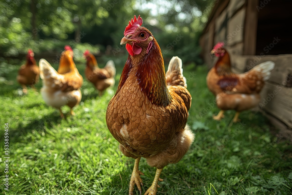 Fototapeta premium Free-range hens enjoy grass in a sunny coop environment