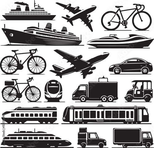 Collection of Transportation Icons Air, Land, and Sea Vehicles