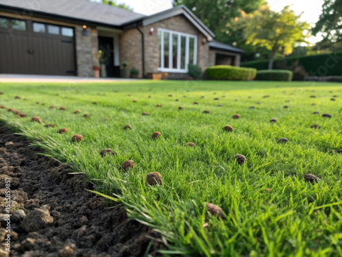 Aerated Lawn Showing Soil Plugs and Healthy Green Grass