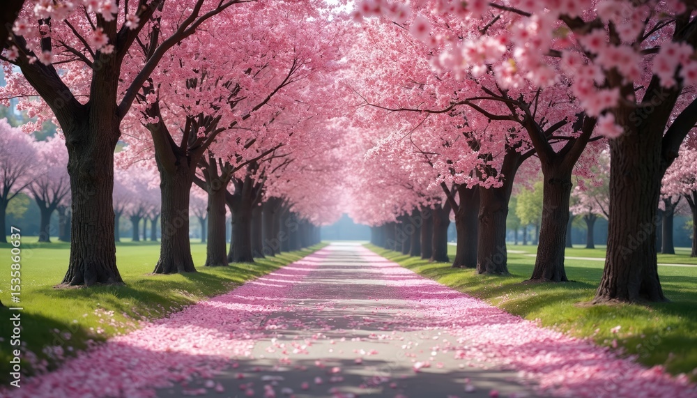 Fototapeta premium Pink cherry blossom pathway in park. Blooming trees, fallen petals on road, spring scenery. Japan sakura park, idyllic landscape, nature background. Blossoms petals on pathway. Springtime travel, zen
