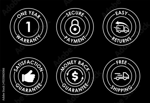 E-commerce badges icons set. Online shopping icon sign white on black background