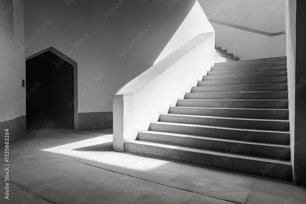 Obraz premium Modern staircase angular architecture minimalistic interior sunlight shadow concrete geometric lines empty space