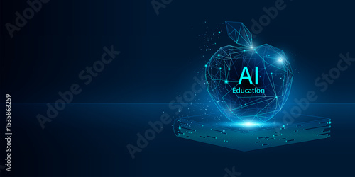 AI Education concept abstract technology background - digital AI apple on a book as a symbol of knowledge. Great for Back to School concept - circuit board neural connections in neon and dark blue