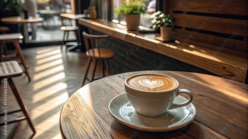 Latte art coffee shop cozy morning sunlight Latte art coffee shop cozy morning sunlight
