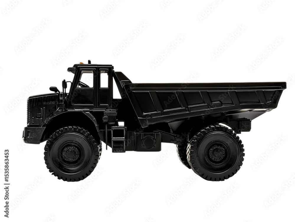 Naklejka premium A sleek black dump truck showcasing robust design and powerful features, perfect for construction and heavy-duty tasks.