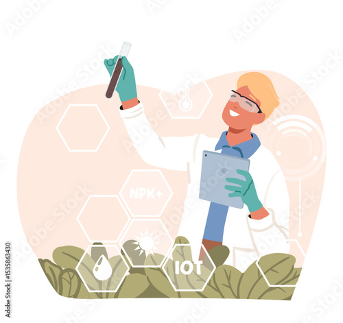 Man scientist studying plants spices testing natural food quality with chemical reagents scene
