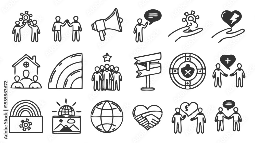 Fototapeta premium collection of line art icons representing community, support, and global issues isolated on white background.