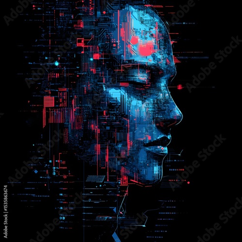 Artificial intelligence forming a human face with electronic circuits and binary code