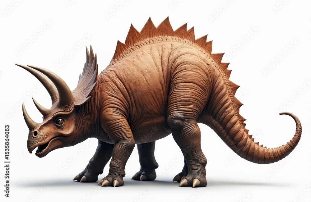 Fototapeta premium Realistic illustration of Triceratops on solid white backdrop. Ancient herbivore dinosaur with horns, frill isolated. Prehistoric creature illustration, ideal for educational content, design projects.